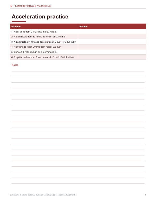 Preview of Printable Acceleration Practice Problems